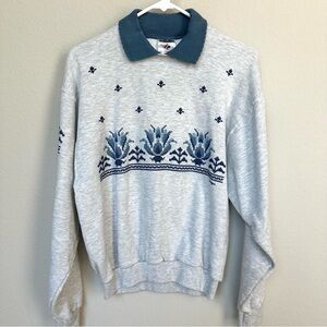 Collared Cross Stitch Embroidered Printed Sweatshirt S